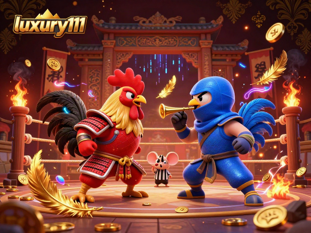 Experience the excitement of luxury111 with a dramatic rooster showdown amidst dynamic casino elements.