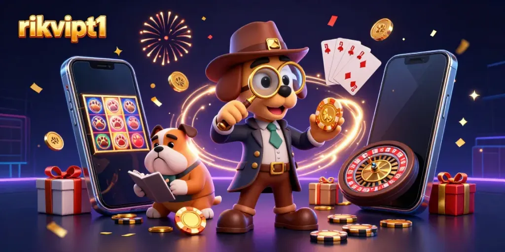 Experience the excitement of rikvipt1 with our detective characters uncovering treasures in a vibrant casino scene.