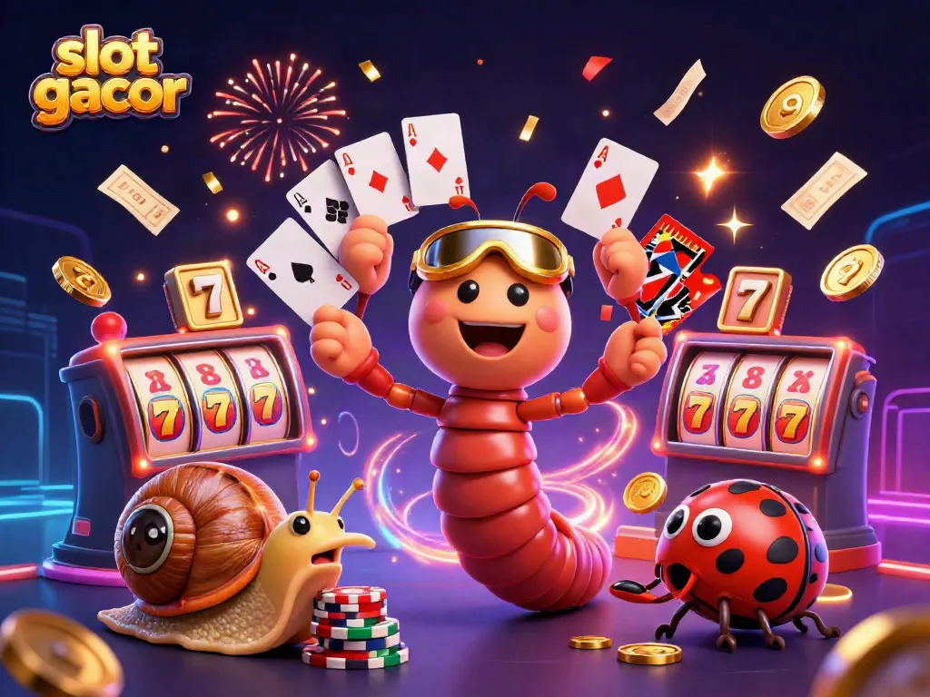Win big in slot gacor online: dynamic 3D illustration showcasing a millipede dealer and exciting casino elements.