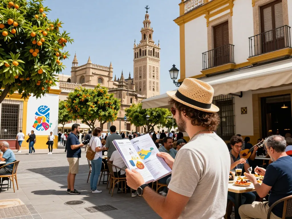 Reisetipps Sevilla: Reisender genießt Tapas und Kultur in den lebhaften Straßen Sevillas