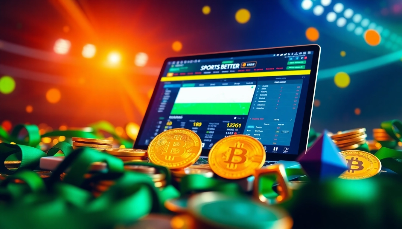 Experience online sports betting with crypto through a dynamic laptop scene surrounded by cryptocurrency coins.