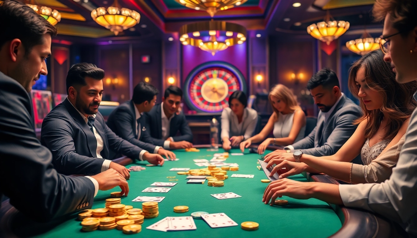 Players on a 33win poker table placed against a luxurious backdrop of casino excitement.