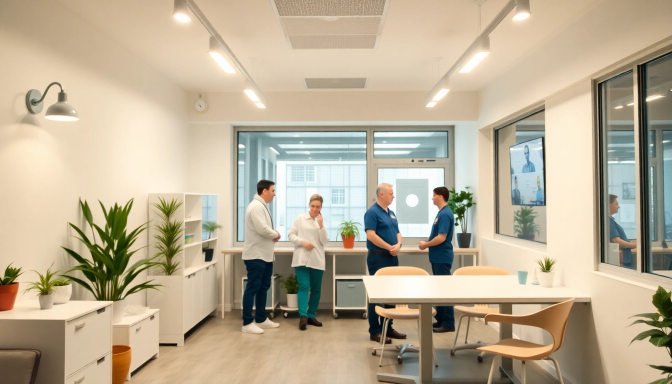 Professionelle werbung pflegedienst durch freundliche Pflegekräfte in einem modernen Büro für potenzielle Kunden.