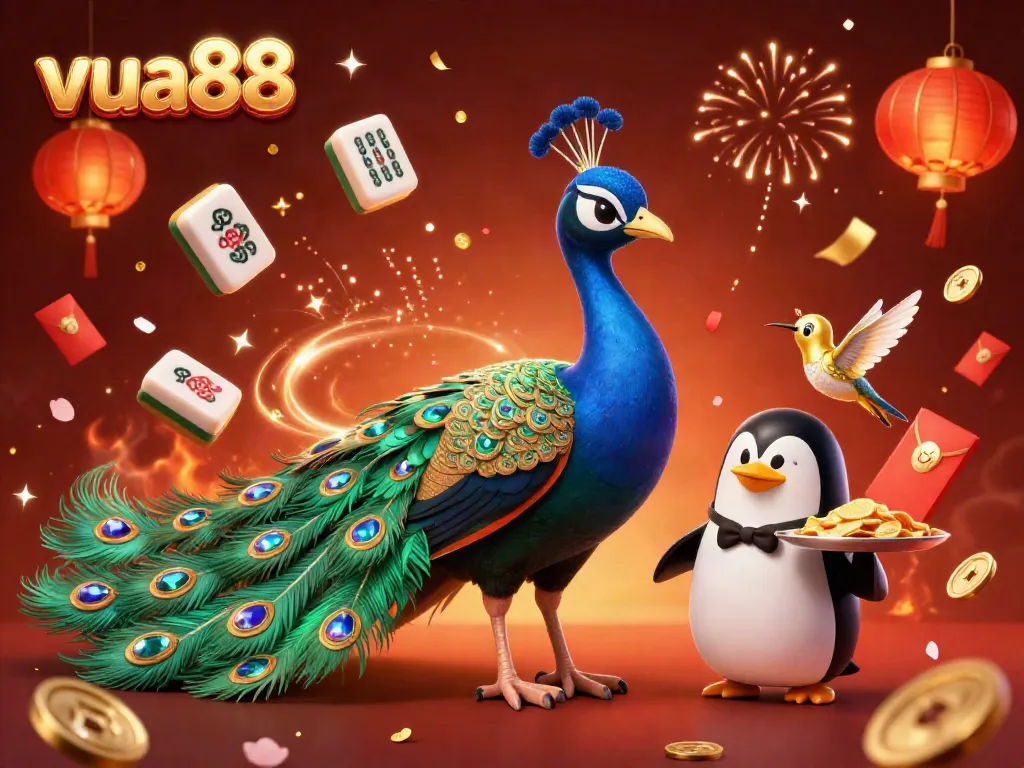 Experience the vibrant gaming world of vua88 with a majestic peacock and interactive casino elements
