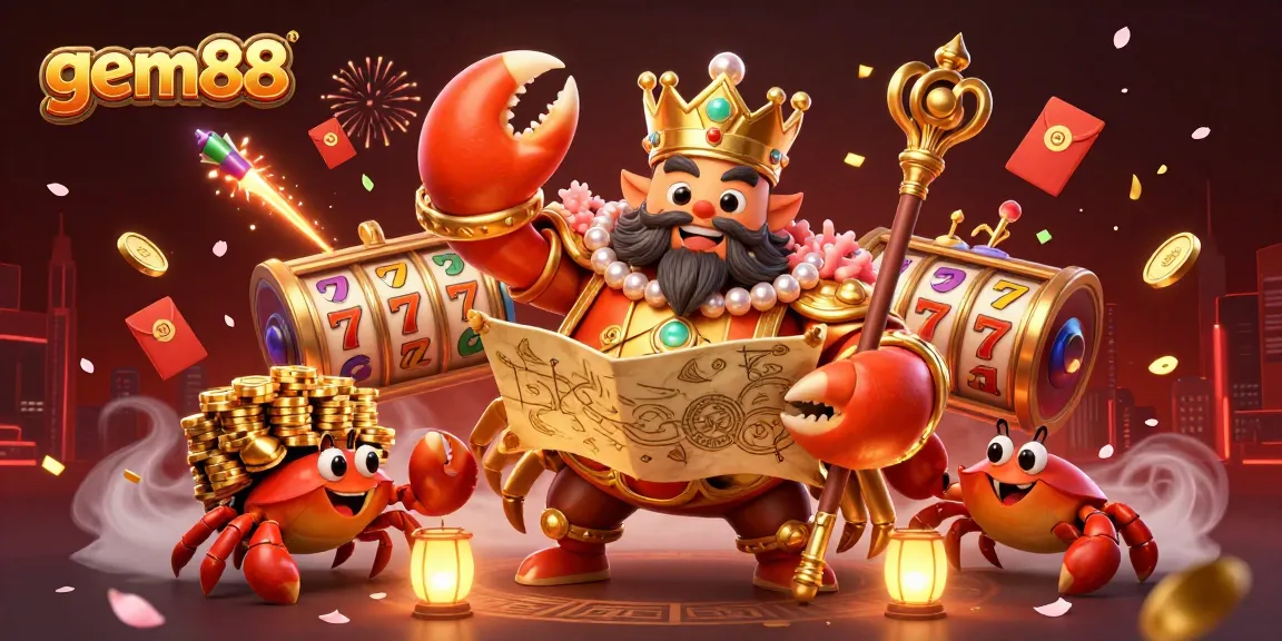 Win big at gem88 with a golden crab emperor amidst slot reels, treasures, and festive decorations.