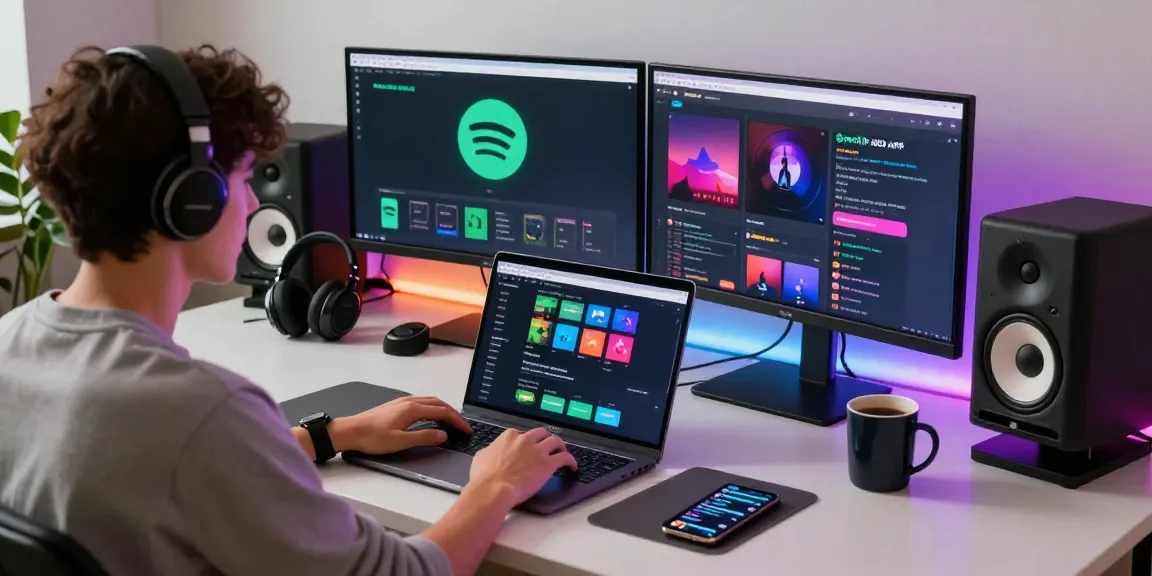 Engaging workspace showcasing the Spotify mod interface on dual screens, reflecting tech enthusiasm.