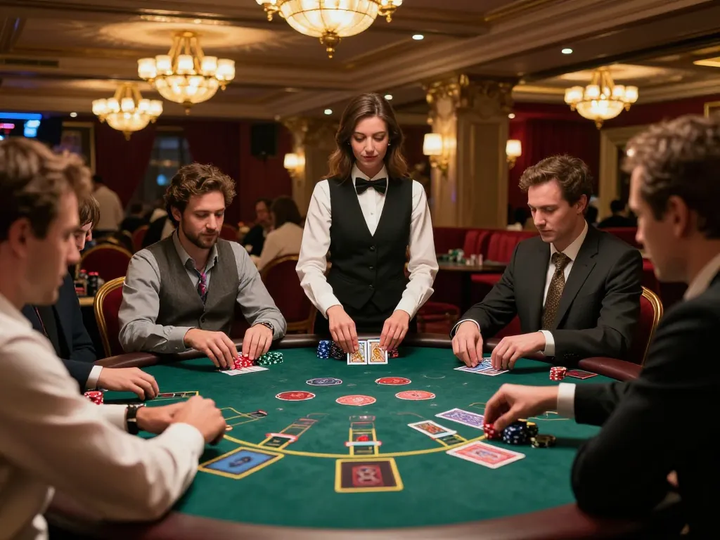 f168 players strategically placing bets at a luxurious blackjack table in a vibrant casino