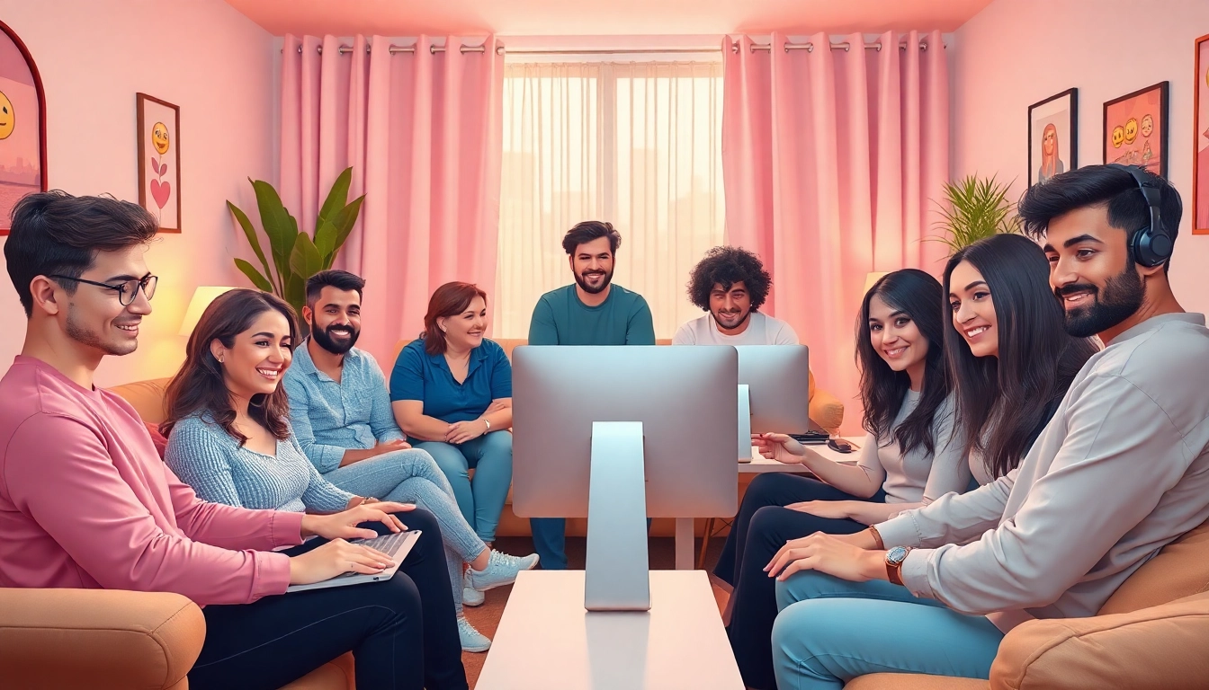 Engaging scene of diverse individuals in sex chat, showcasing lively interactions online.