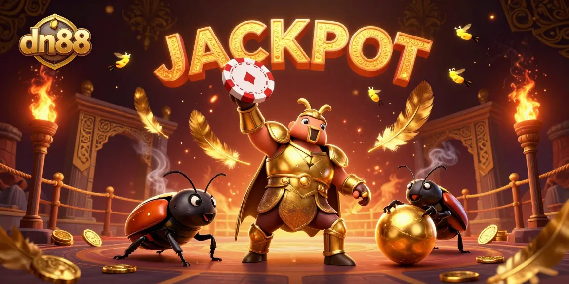 Experience the thrill of dn88 as a hero beetle celebrates a big jackpot victory, surrounded by vibrant casino elements.