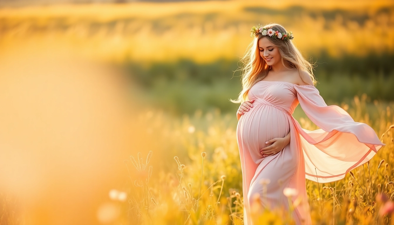 Elegant mother wearing a maternity dress for photoshoot in a sunlit meadow.