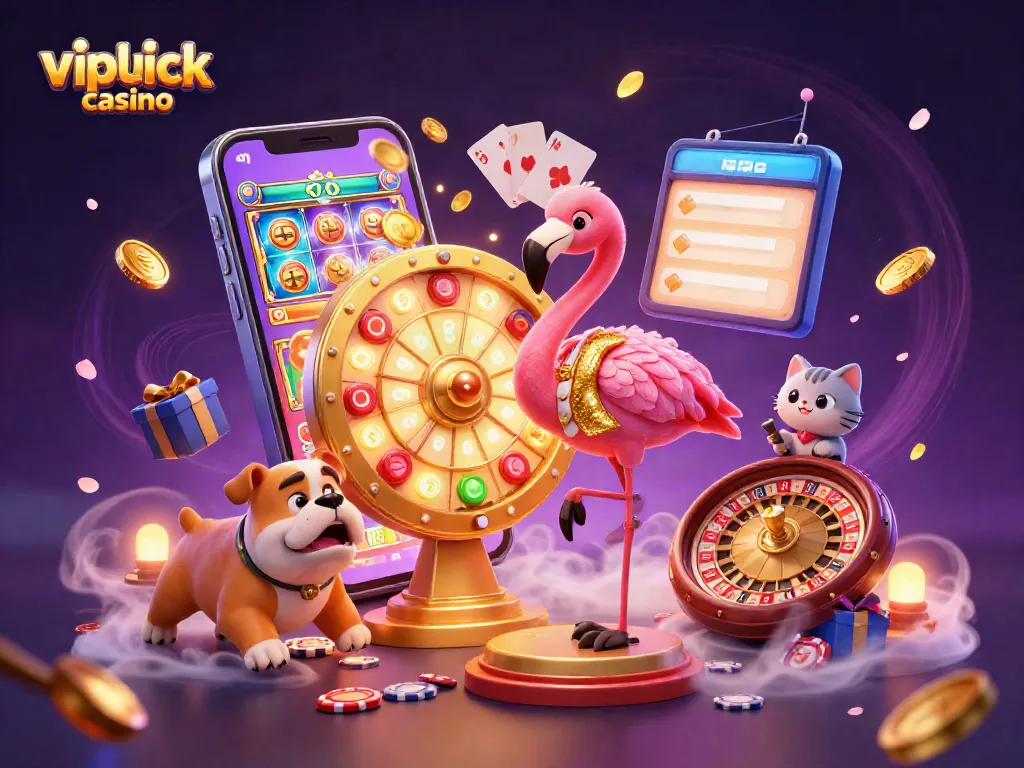 Experience the excitement of vipluck casino with our dynamic game show scene featuring a host, contestants, and vibrant gaming elements.