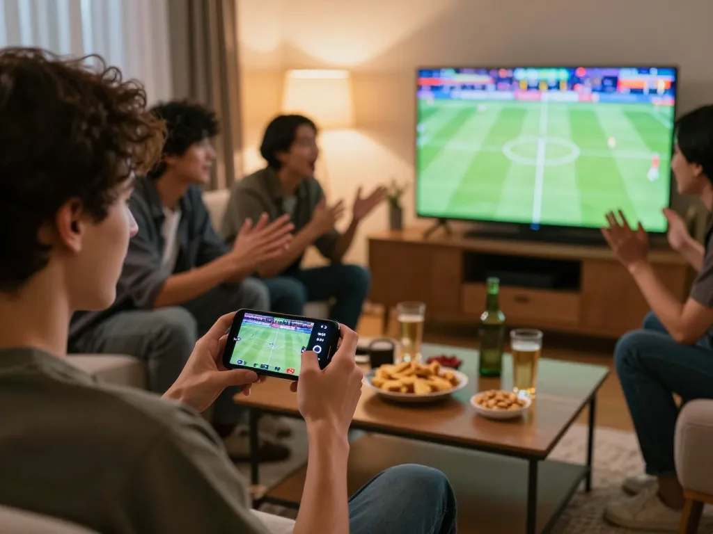 Man 88 player placing sports bets on smartphone during exciting game night with friends