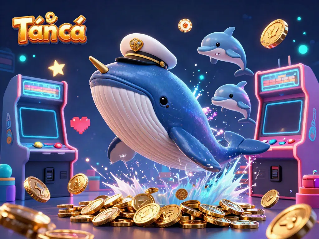 Engage in Tải bắn cá with a vibrant scene involving a giant whale, dolphins, and treasure.