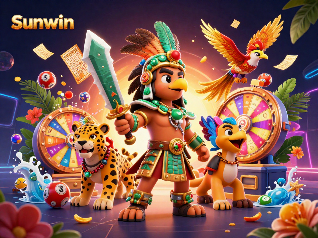 Win big at Sunwin with an exciting 3D illustration of a vibrant lottery scene featuring animated characters.