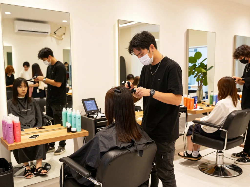 hair salon Singapore with vibrant atmosphere, stylist cutting hair in modern salon