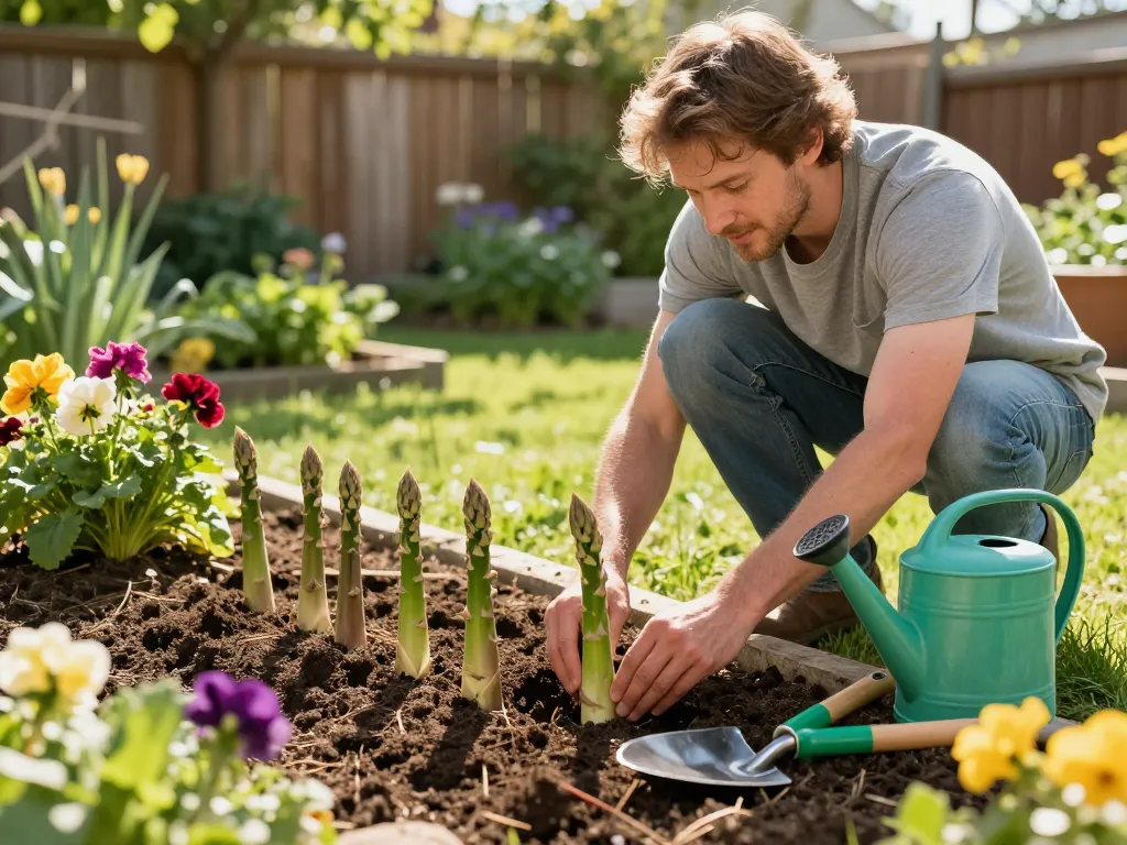 Gardener planting grüner spargel pflanzen in a sunny garden, surrounded by tools and flowers.