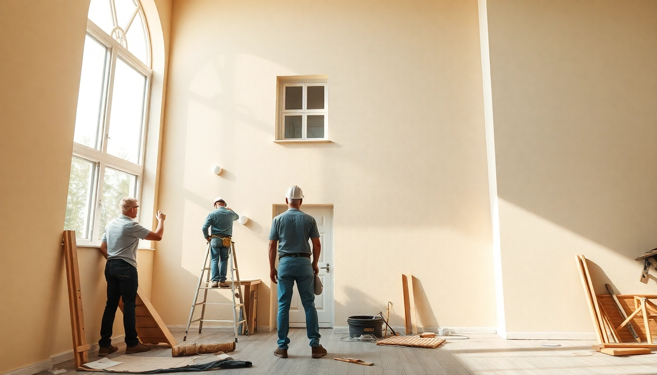 Hausrenovierung: Handwerker renovieren ein charmantes Haus in hellen Farben.