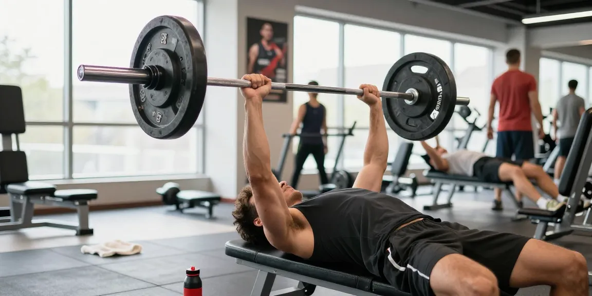 Anabolika Shop: Athlet beim Bankdrücken im modernen Fitnessstudio mit motivierender Umgebung.