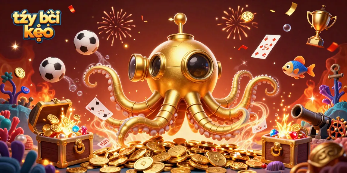 Experience dynamic tỷ lệ kèo betting in a vibrant underwater scene with a golden kraken and sports elements.