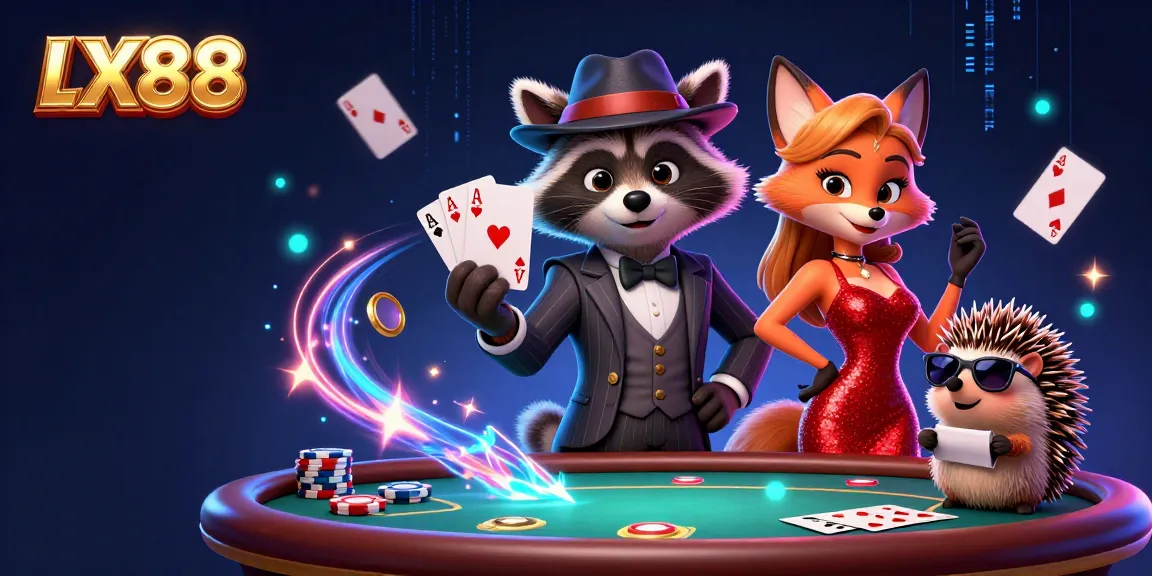Experience the action with LX88 as a raccoon and friends play poker in this vibrant casino scene.