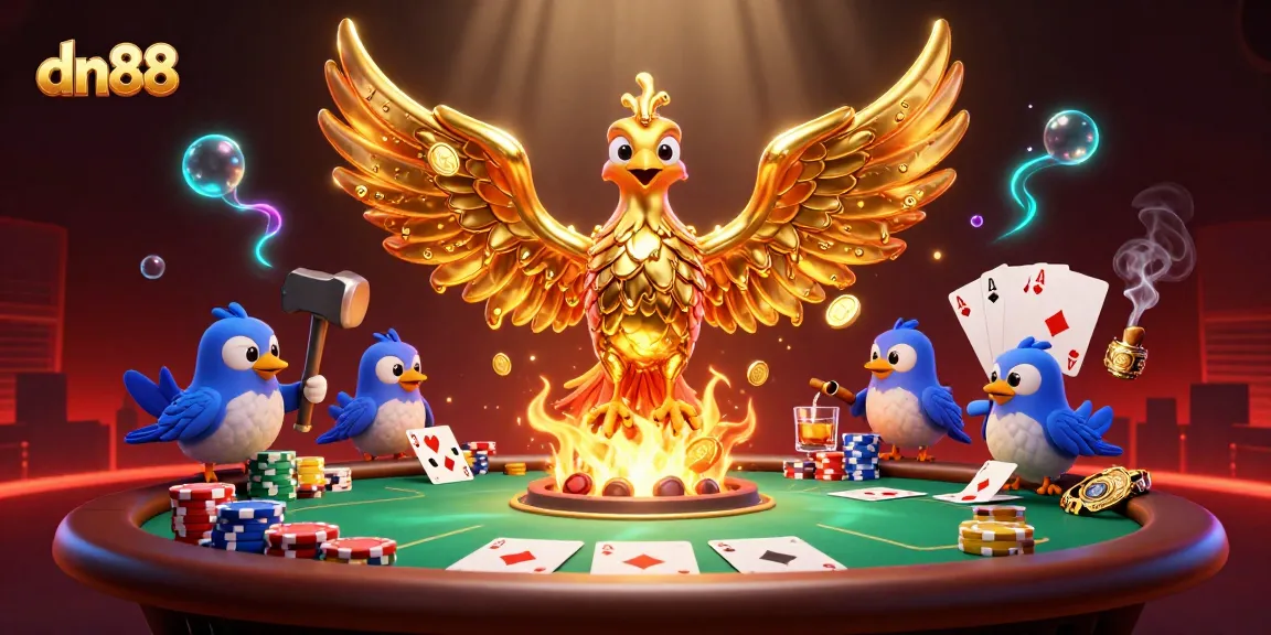 Experience the thrill of gaming at dn88 with an artistic depiction of casino elements and vibrant characters.