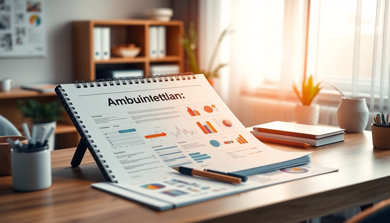 Visualisiere einen Businessplan für ambulante Pflegedienste mit strategischen Notizen und Diagrammen auf einem Schreibtisch.