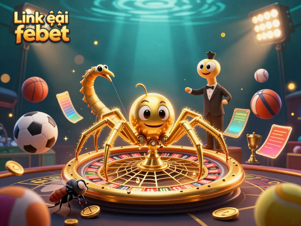 Experience the thrill at Link vào febet with 3D cartoon characters in a vibrant casino scene.