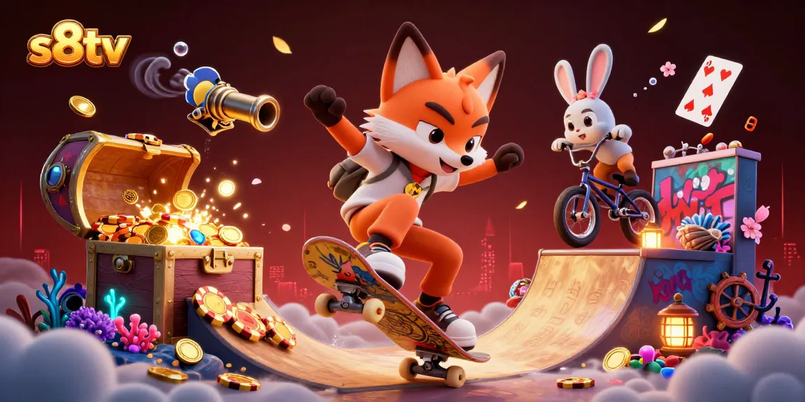 S8TV showcases exhilarating online sports betting with the skateboarder fox and BMX rabbit in a dynamic casino scene.