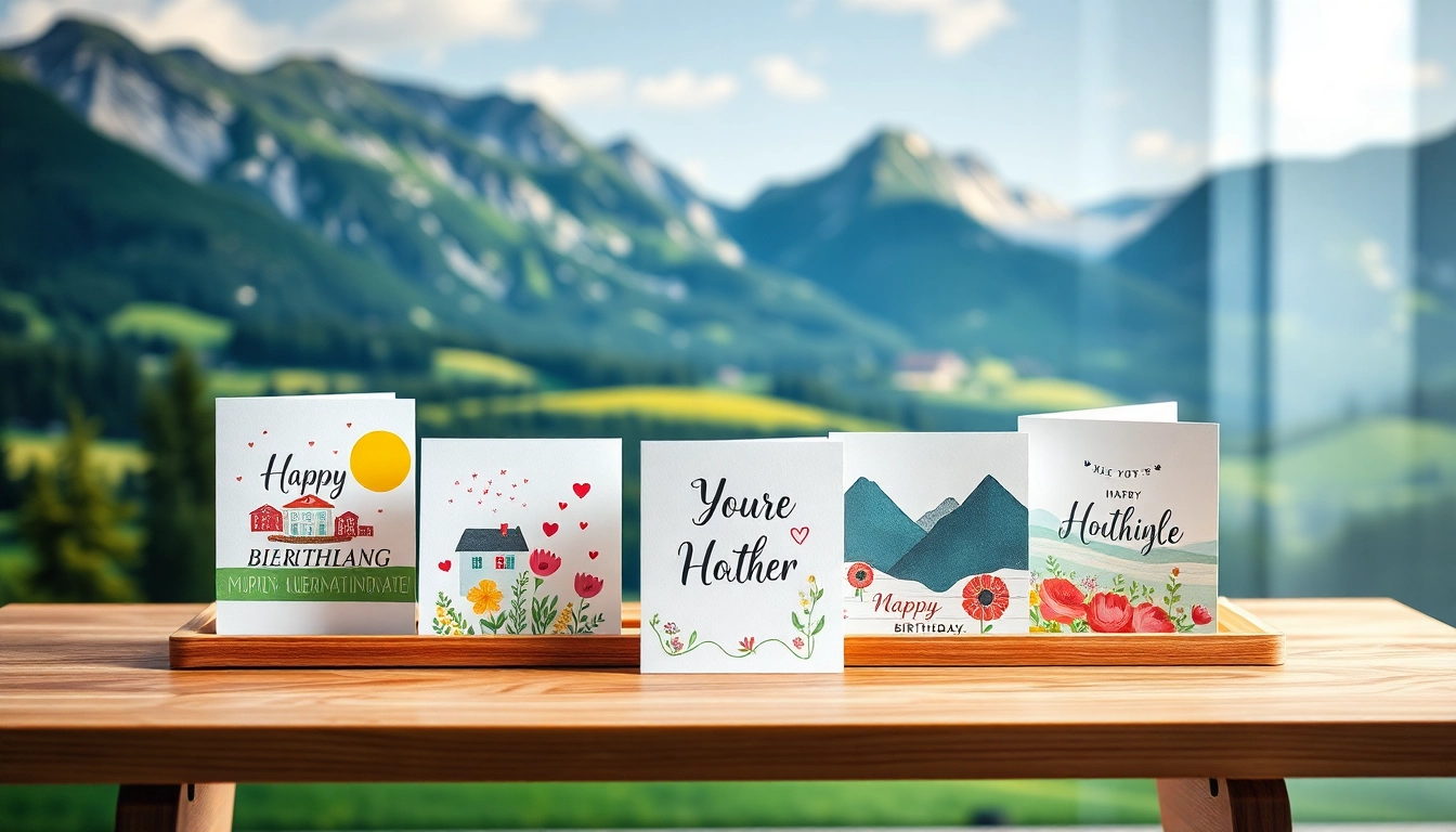 Gestalte kreative Grusskarten Gestalten in der Schweiz auf einem eleganten Tisch mit leuchtenden Farben.