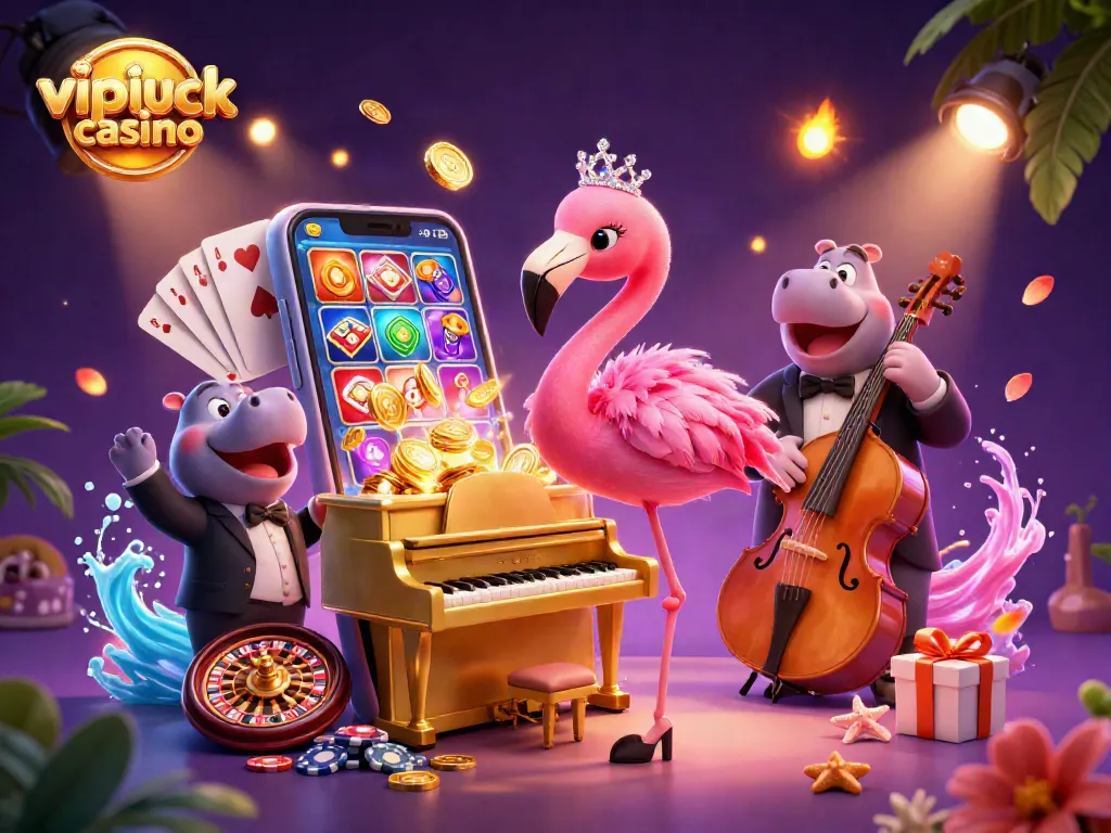 Engage with vipluck casino's vibrant gaming atmosphere featuring a flamingo lounge singer and hippo bassist.