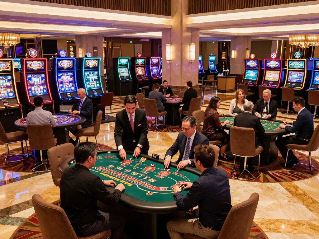 Players enjoying various games at MK8 casino, vibrant atmosphere with dealers and slot machines.