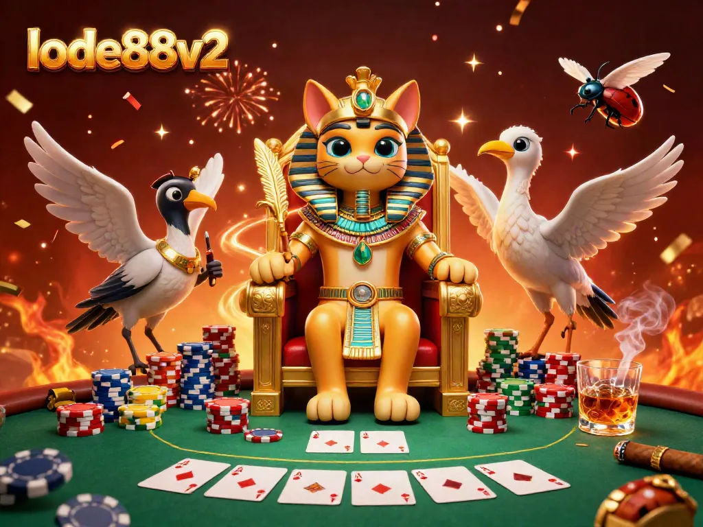 Experience lode88v2's vibrant casino scene with an Egyptian pharaoh cat amid poker thrills.