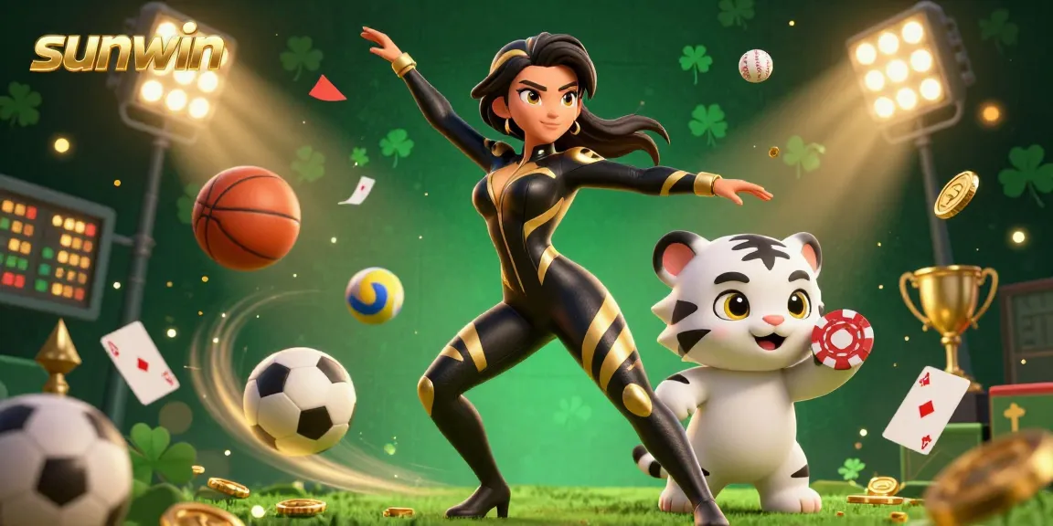 Experience thrilling casino excitement with sunwin featuring acrobatic woman and playful baby tiger.