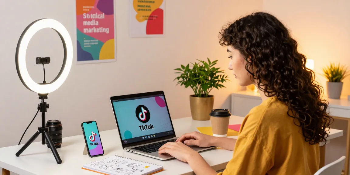 TikTok Likes kaufen: Influencer beim Bearbeiten eines Videos am stilvollen Schreibtisch mit Laptop und kreativen Requisiten.