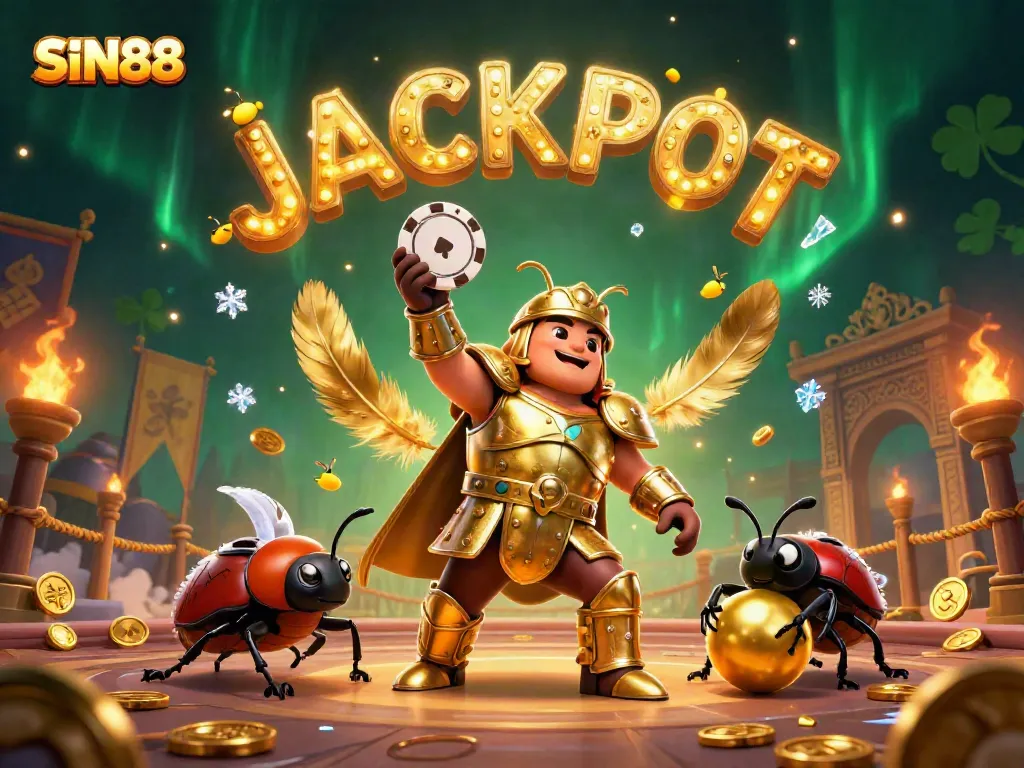 SIN88 celebrates victory in a colorful 3D scene featuring beetles amidst gambling excitement.