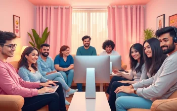 Engaging scene of diverse individuals in sex chat, showcasing lively interactions online.