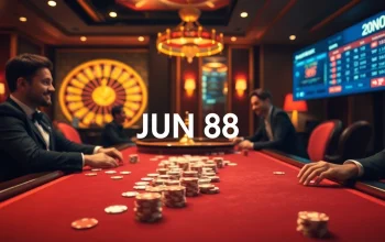 Players enjoying a thrilling game at Jun 88's luxurious casino table with cards and chips.