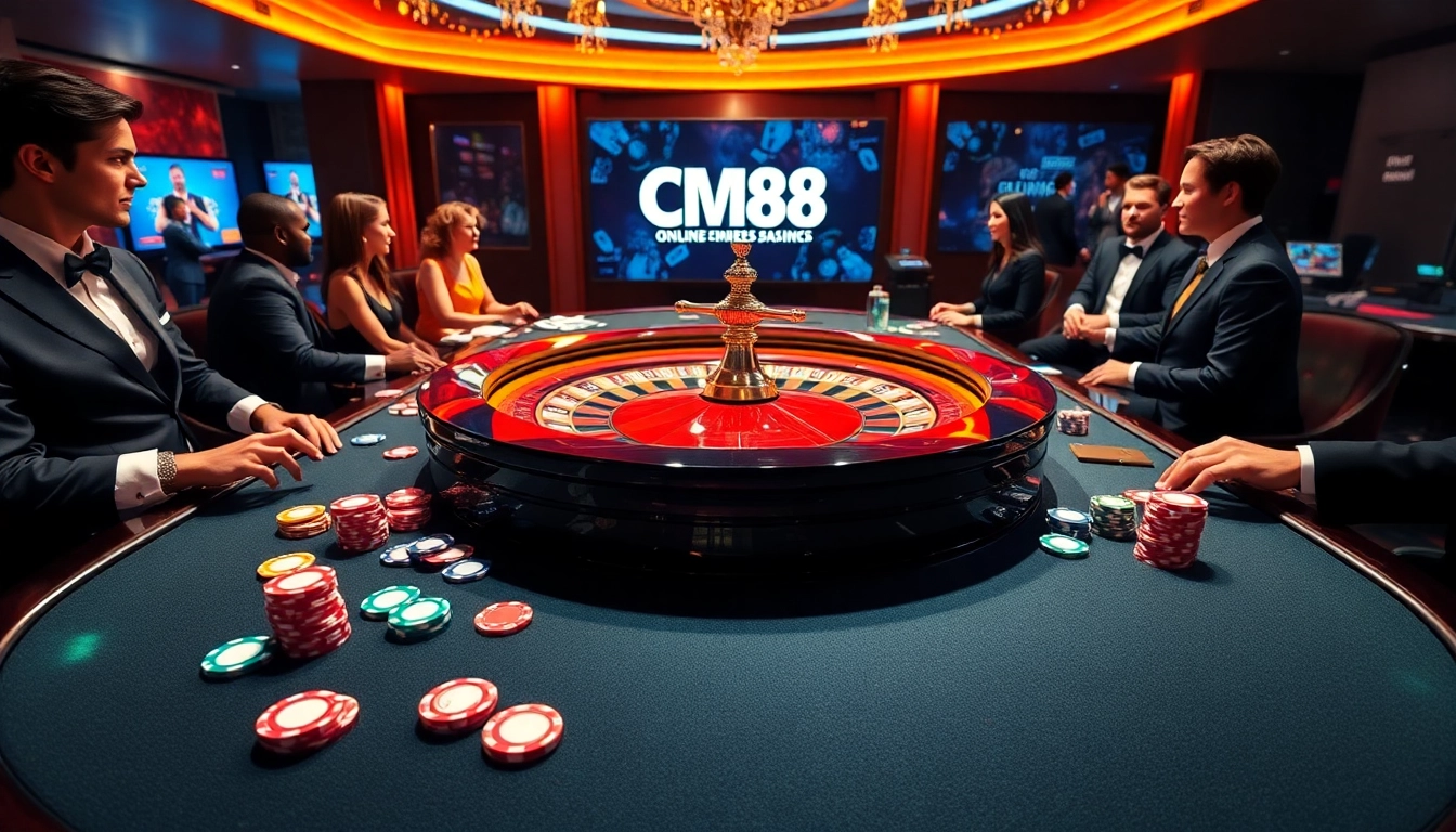 Experience high-stakes gaming at CM88's luxurious casino, featuring roulette and vibrant poker elements.