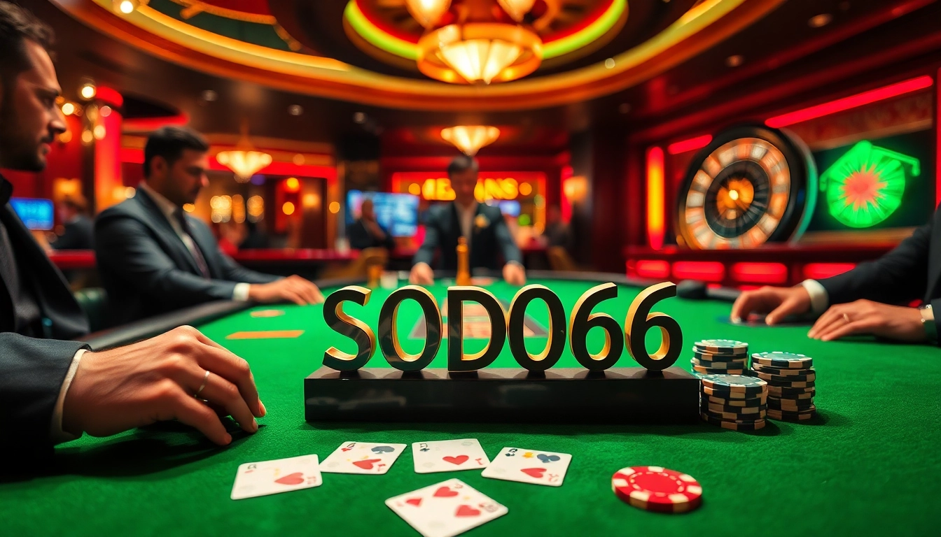 SODO66 poker scene showcasing players at a luxury table with chips and cards.