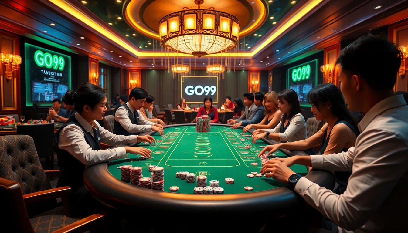Experience the excitement of GO99 Trang Chủ with vibrant casino action, showcasing dealers, tables, and chips.