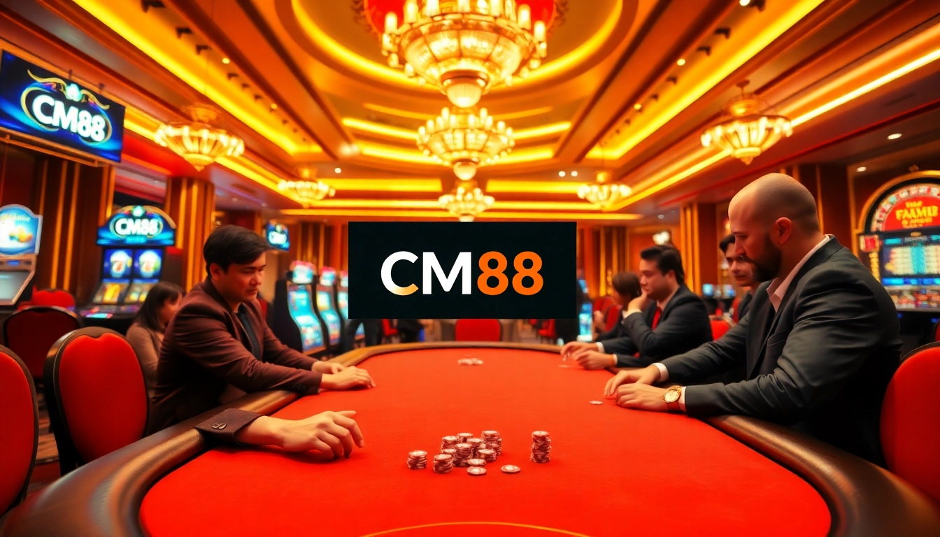 Engaging poker game scene with poker chips at the heart of CM88 online gambling action.