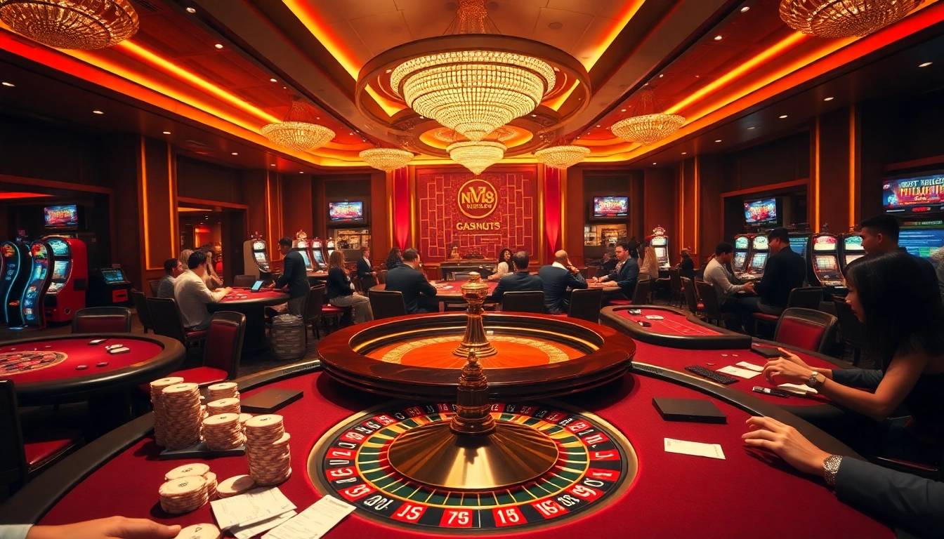 Experience thrilling gameplay at https://nk88z.com/ with our luxurious online casino scene featuring poker tables and roulette wheels.