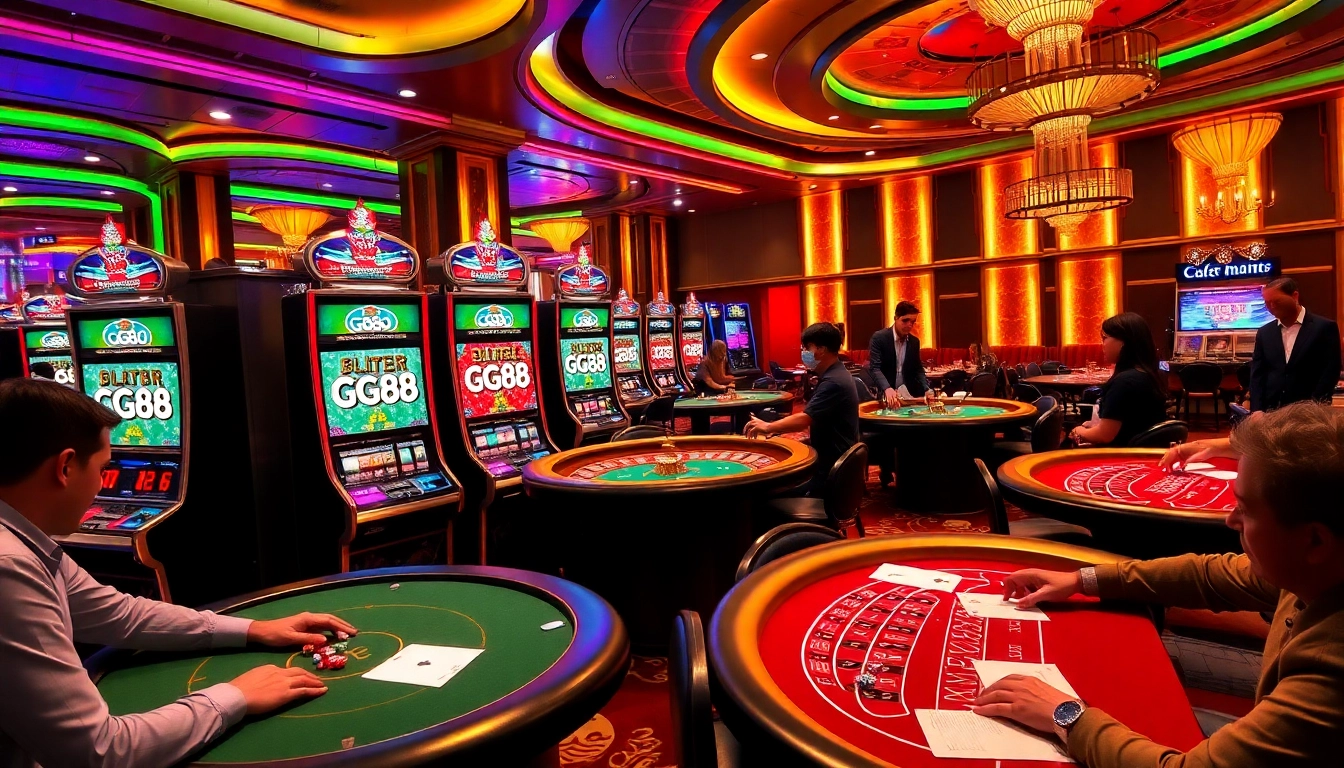 Experience the excitement of GG88 with vibrant casino tables and spinning roulette wheels.