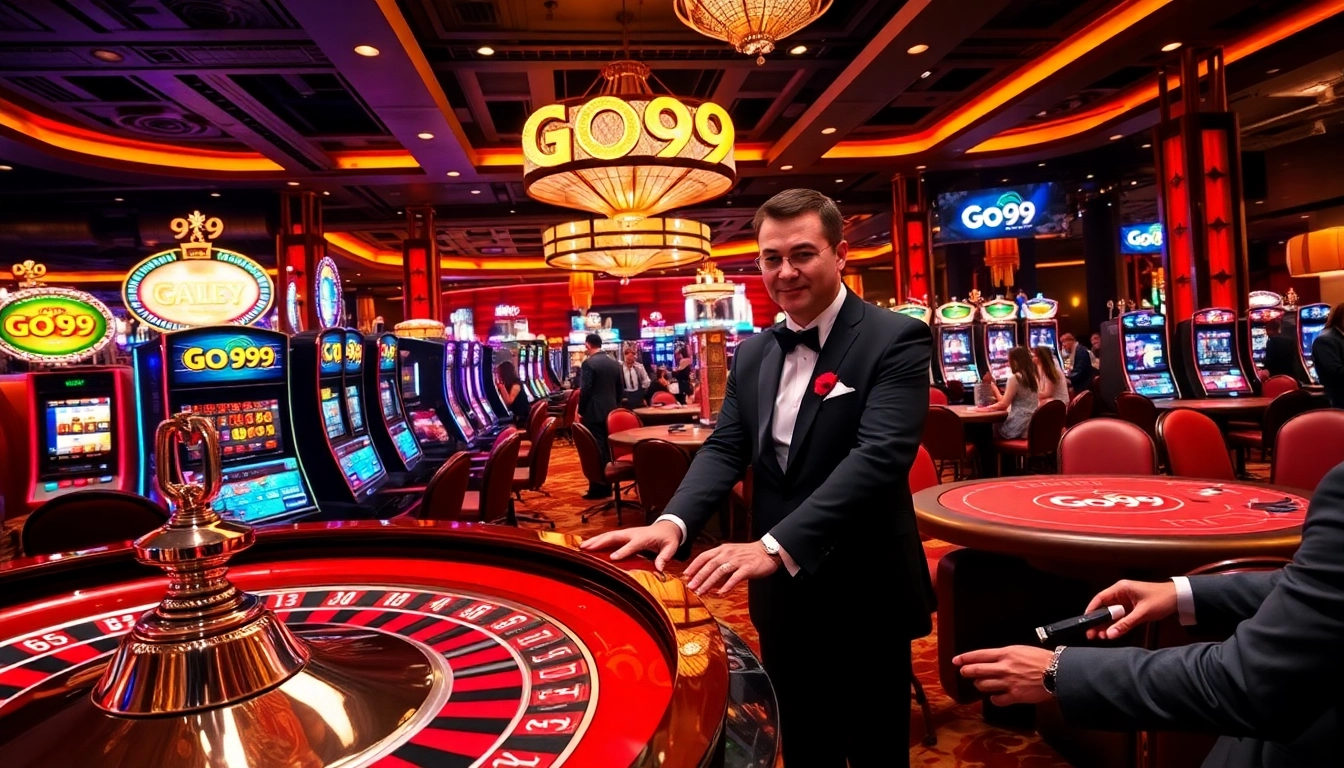 Go99 Casino scene illustrating vibrant gaming tables and engaging players in action.