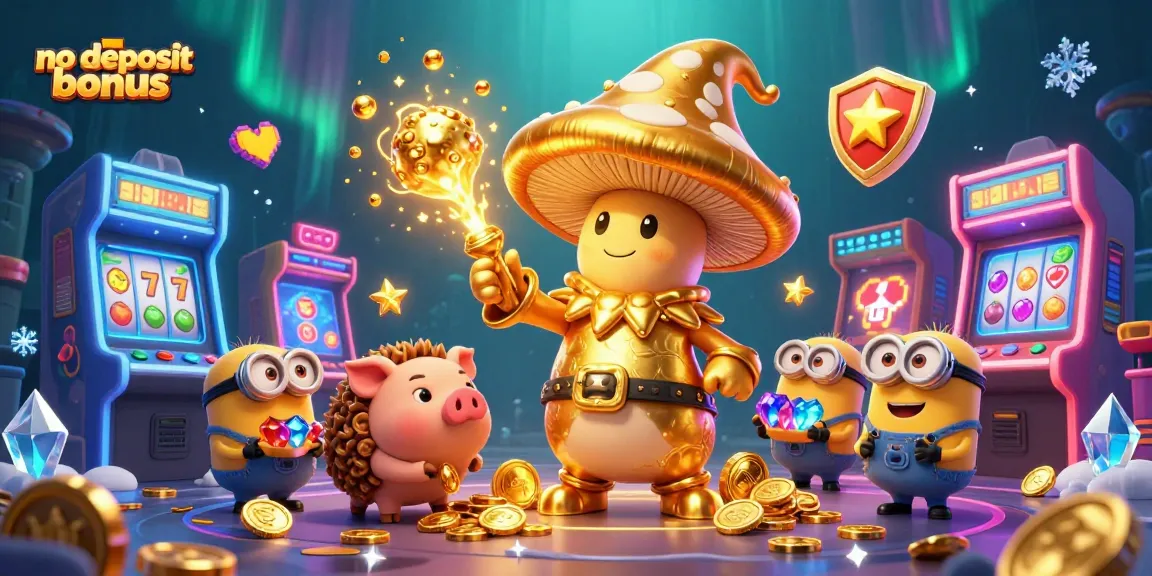 No deposit bonus scene featuring a golden mushroom wizard and truffle pig amidst sparkling slot machines and treasures.