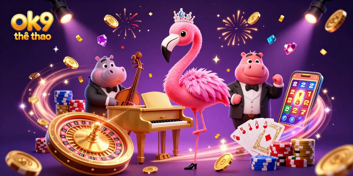 Engaging ok9 thể thao scene with cartoon characters enjoying casino games and vibrant decorations