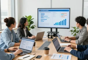 Bewertungsplattform Führung: Team bei der Analyse von Leadership-Bewertungen in einem modernen Büro.