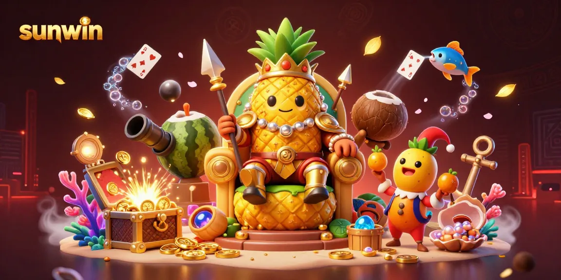 Engage with sunwin's vibrant beach casino featuring a golden pineapple king, rich treasures, and lively elements.